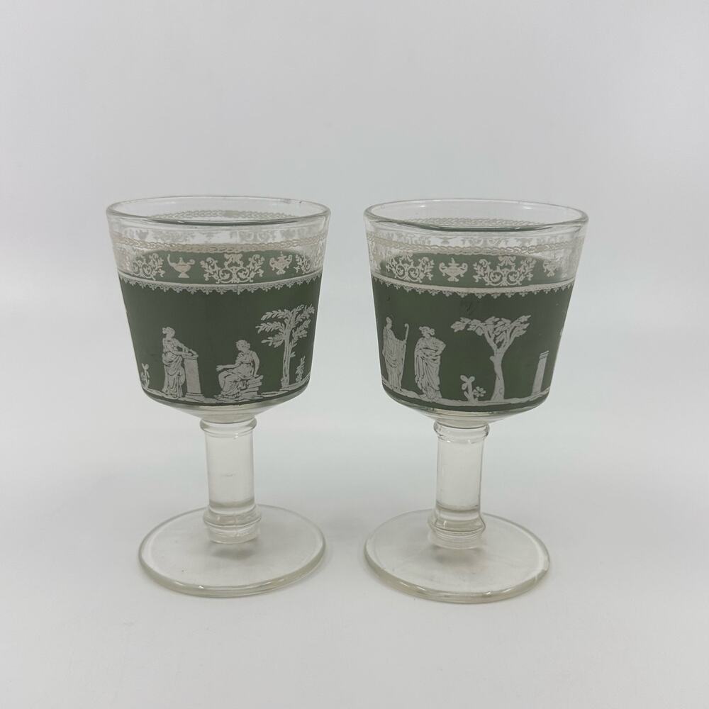 Jeanette Glass Set Hellenic Wedgwood Green Goblets Greecian Wine Stemware 1960s